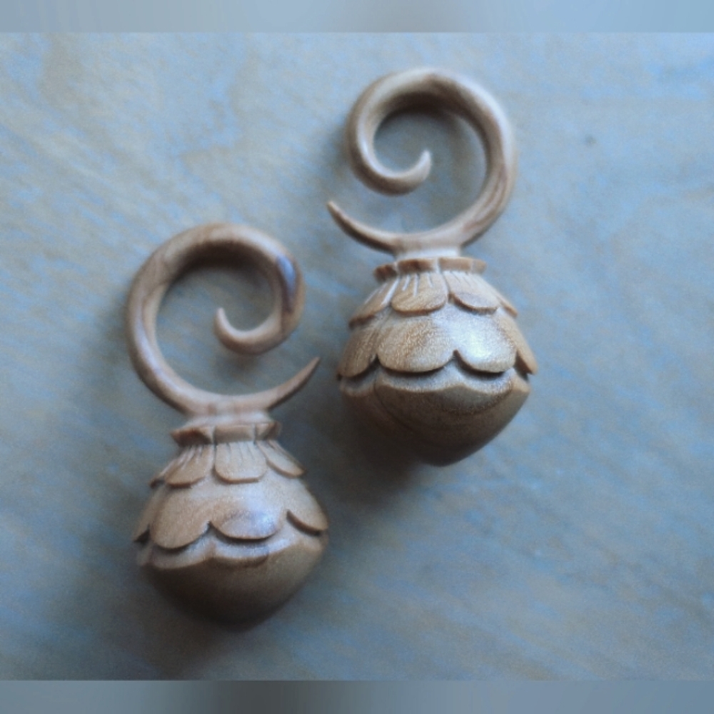 New! olive wood spiral acorn ear hangers, ear weights, size 4g or 5mm minimum
